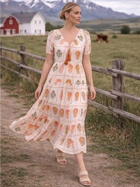 DRA Ayana  Cotton Flower Print Maxi Dress Prairie Tiered Short Sleeve Small NWT